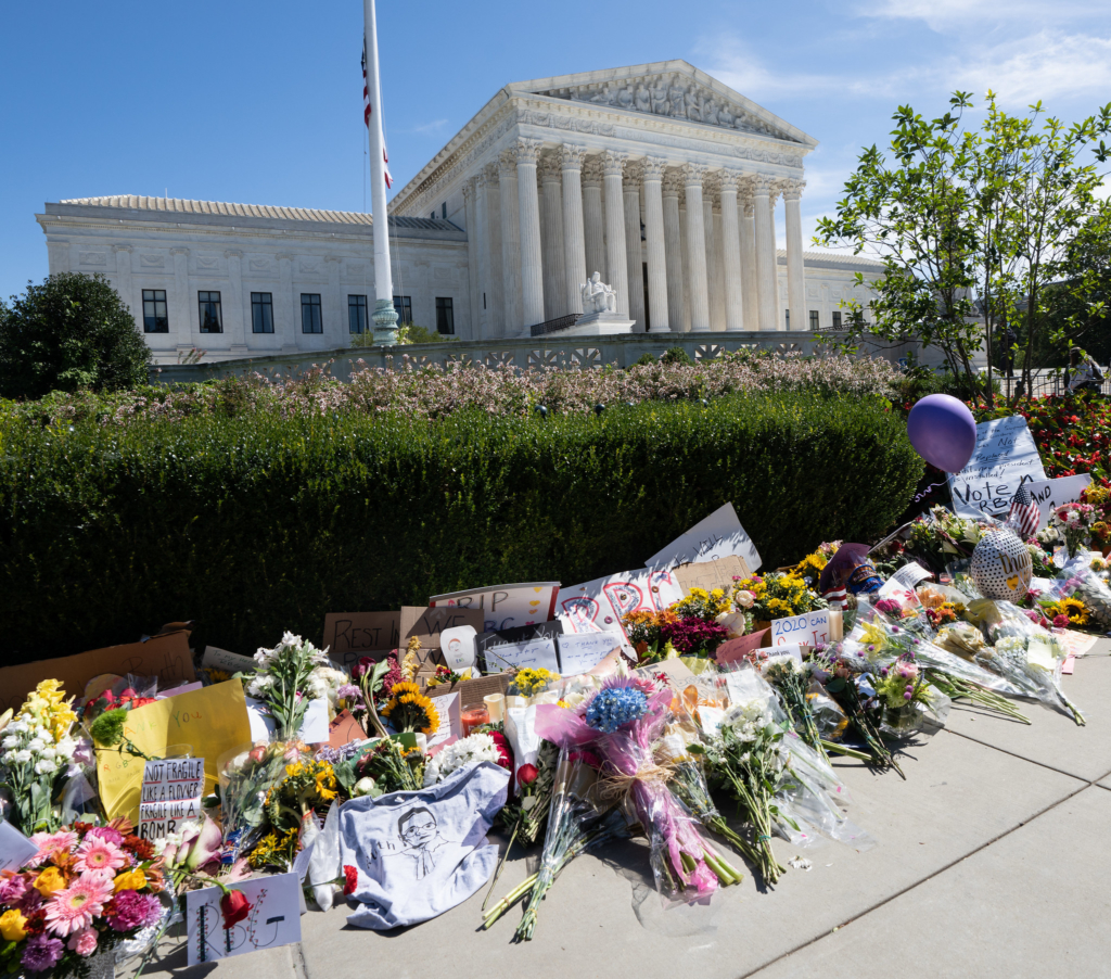 Image of the altar laid outside of the Supreme Court for Ruth Bader Ginsburg.