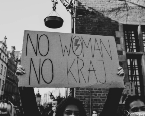 A protester holds up a sign, "NO WOMAN NO KRAJ" in a pro-choice protest.