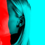 A photo of a blonde woman, whose face is obscured by bright red and blue color blocks.