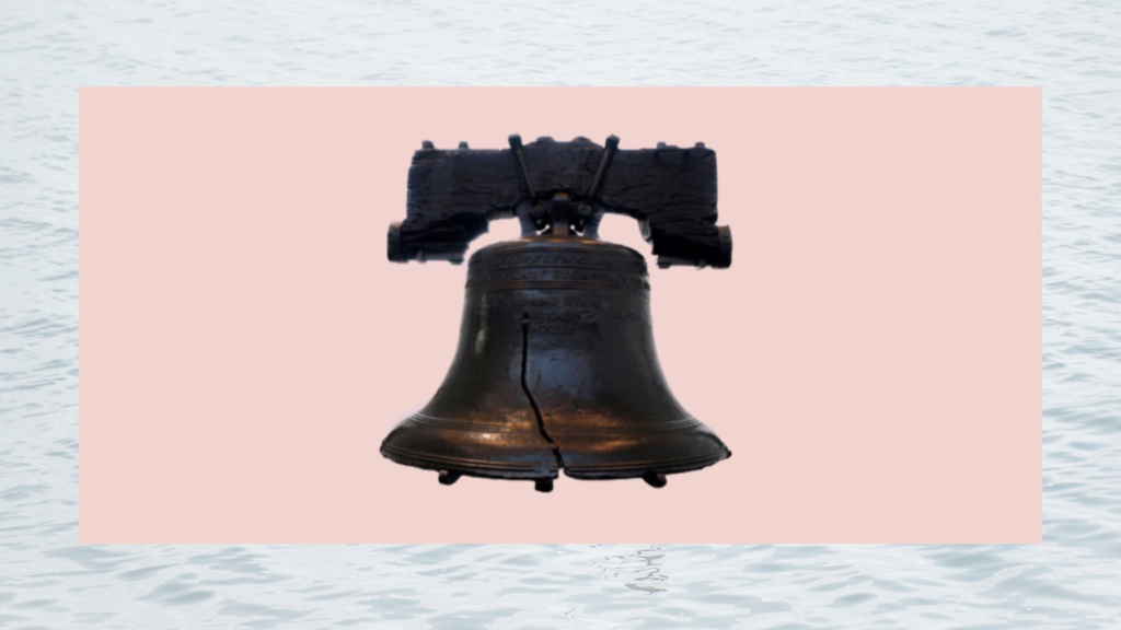 The liberty bell set against a peach-colored square surrounded by an image of water.