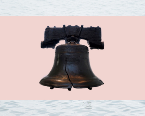 The liberty bell set against a peach-colored square surrounded by an image of water.