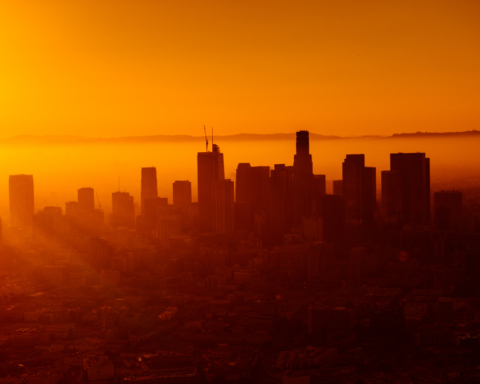 A city skyline is bathed in an orange sunset.