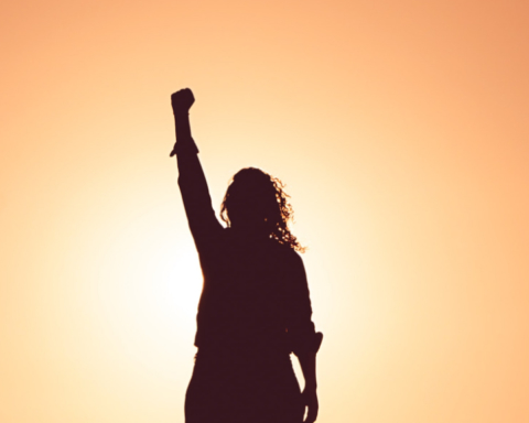 A silhouette with long curly hair raises a fist in the sunlight.