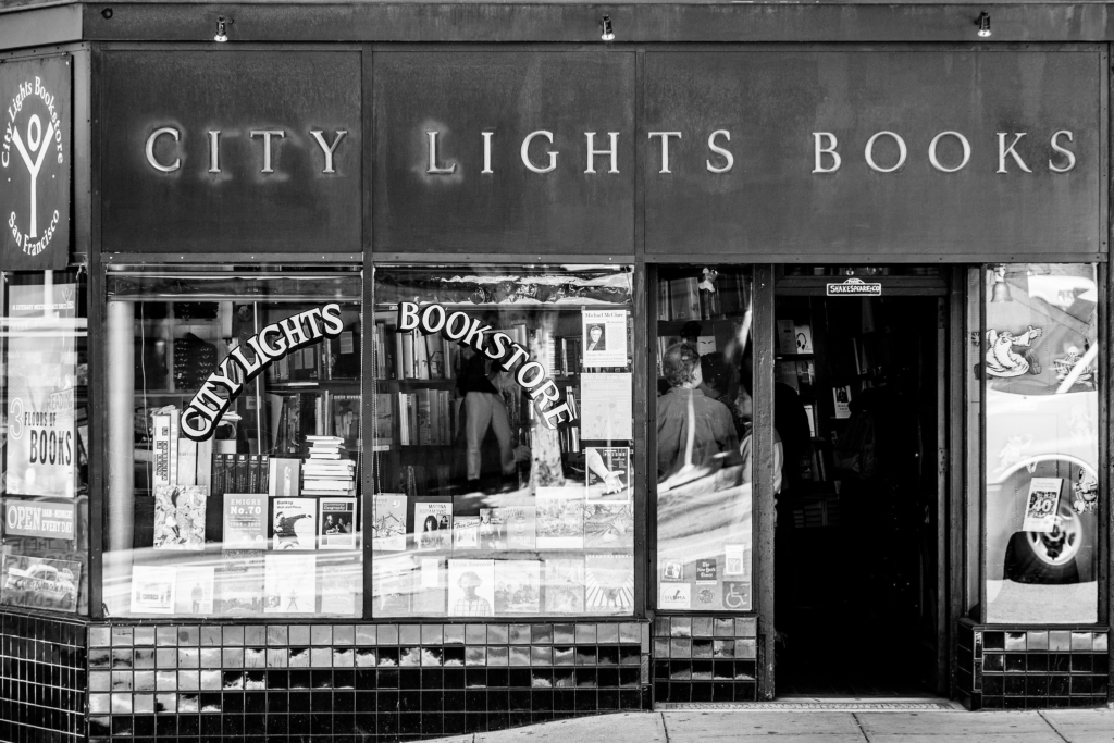 A black and white photograph of City Lights Bookstore