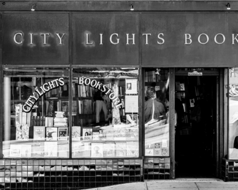 A black and white photograph of City Lights Bookstore