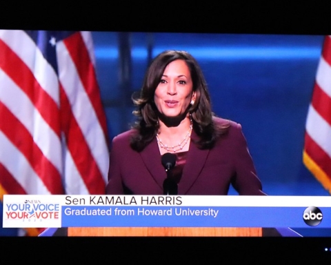 An image of Kamala Harris speaking on television.