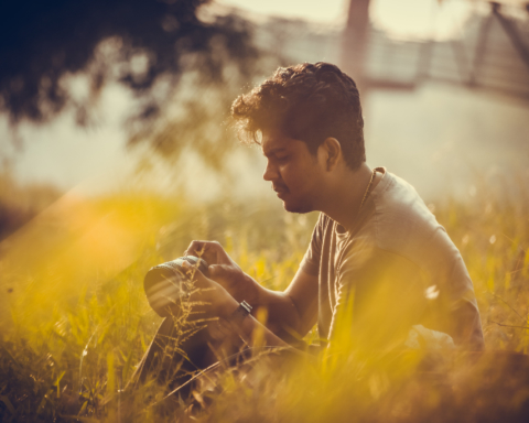 A man sits in a field in Kottayam, India.