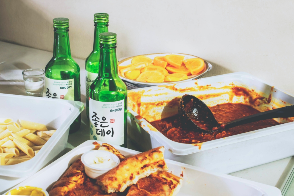 International foods spread out on a table.