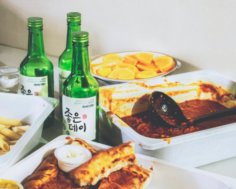 International foods spread out on a table.