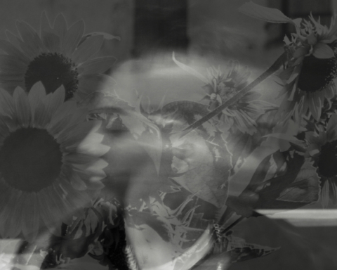 A black and white image of a woman's face superimposed with sunflowers.